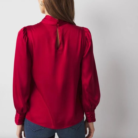 NWT White House Black Market | Long Sleeve Twisted Neck Red Satin Blouse Size 8 - Picture 4 of 13
